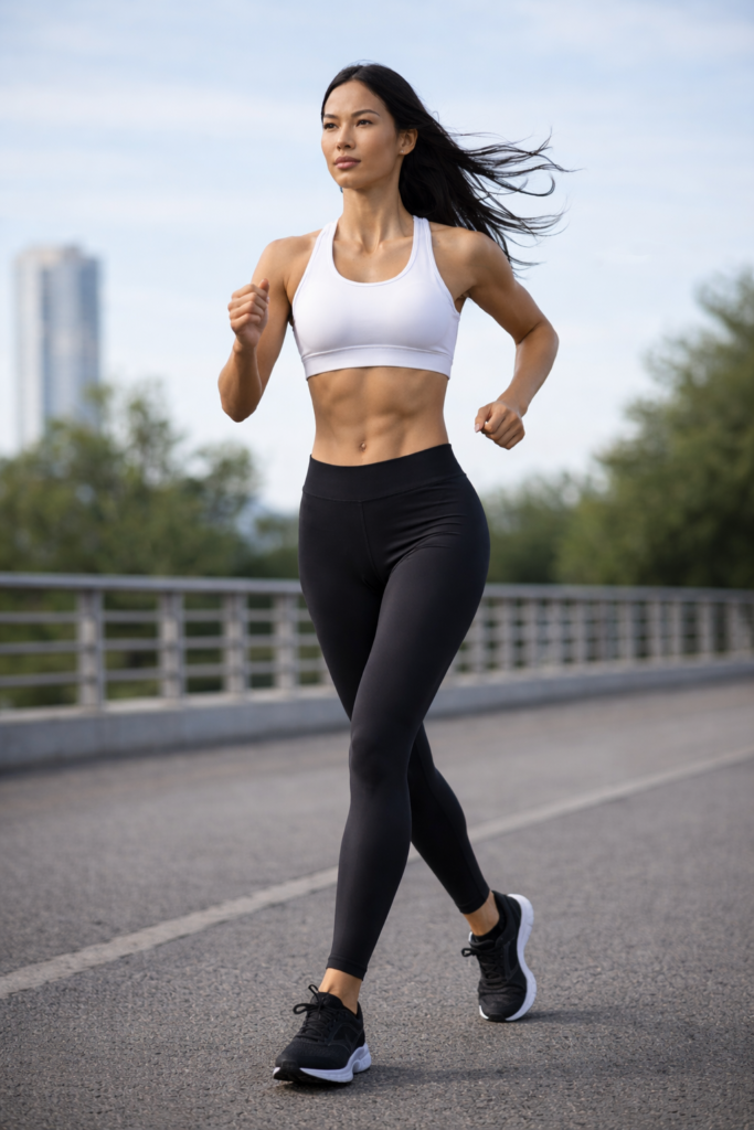 Frau mit schwarzer Leggings und weißem Sportbh, mit Tallr Logo in der Mitte des Sportbhs