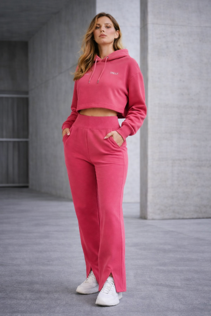 Zweiteiliges Damen Loungewear-Set in ´Teaberry´, bestehend aus einem bauchfreien Kapuzenpullover und einer passenden Jogginghose mit weitem Bein und Saumschlitzen.